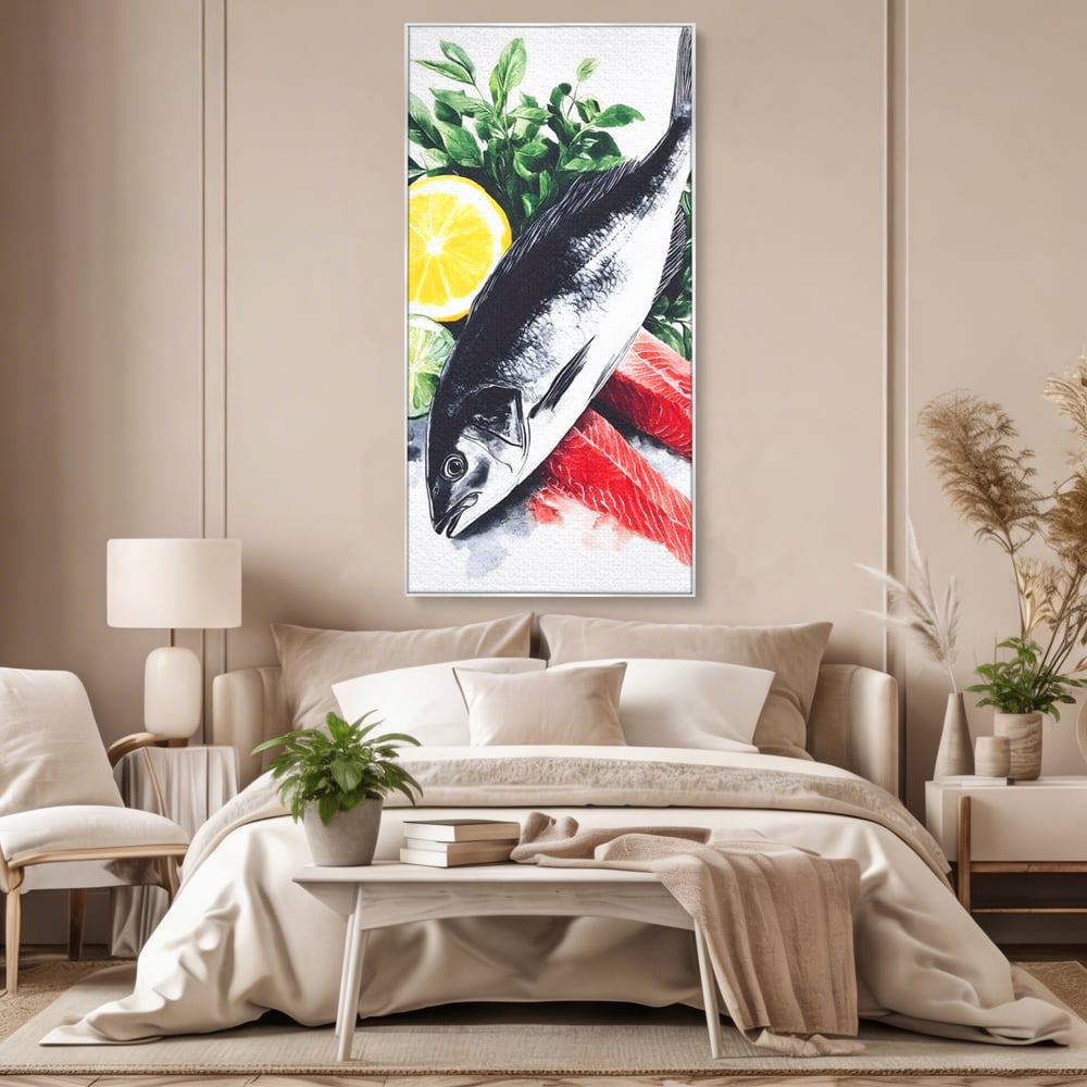 Tablou canvas cu ilustratie cu peste intreg si fileuri, in rama de aluminiu argintiu, pe perete intr-un dormitor